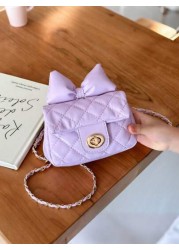 1pc Kids Bow Decor Coin Purse Embroidered Rhombus Mini Bag With Chain Fashionable Girls Crossbody Bag