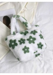 1pc Cute Floral Heart Shaped Plush Handbag Furry Tote Bag For Girls Simple Design Suitable For Daily Commute Random Print