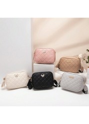 Quilted Square Crossbody Bag Classic Metal Decor Zipper Purse Faux Leather Shoulder Bag