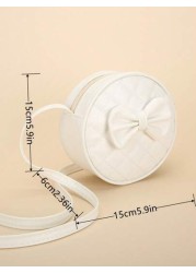 1pc Girl s White PU Shoulder Bag Fashionable Cute Bow Design Small Round Bag With Rhombus Embroidery Fits For Phone And Coins Zippered Closure Suitable For All Seasons