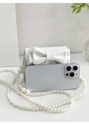 1pc Young Girl Casual Fashion Bowknot Rhombus Embroidery Thread Pearl Chain Crossbody Bag Suitable For Daily Use