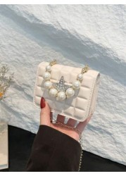 1pc Pu Fashion Simple Sweet Diamond Lattice Pearl Five Pointed Star Hand Held Evening Party Square Bag Niche Design Chain Shoulder Strap Comfortable And Versatile One Shoulder Crossbody Smooth And Not