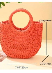 1pc Straw Bag With Faux Flower Half Moon Shaped Women Handbag Woven Crossbody Small Bag Beach Bag