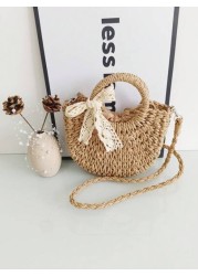 1pc Girls Beach Style Handbag Casual One Shoulder Crossbody Drawstring Top Tote Handmade Woven Butterfly Decor Straw Bag