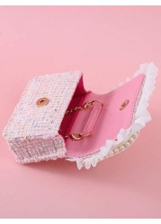 1pc Girls Ruffle Flower Leaf Metal Decor Pearl Sticker PU Wool Felt Multi Function Chain Closure Casual Beaded Handbag Children Princess One Shoulder Crossbody Bag Suitable For Holidays And Daily Use