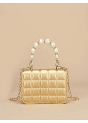 1pc Mini Girl s Textured Plaid PU Flap Minimalist Versatile Pearl Handbag Suitable For Daily Use