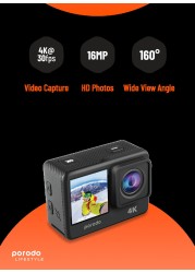 Porodo Lifestyle Waterproof 4K &amp; 30fps Action Camera 120&deg; Wide View Angle 16 MP HD Photos Dual Screen Display Multi Shoting Water Proof 900mAh Long Battery Life WiFi Support - Black