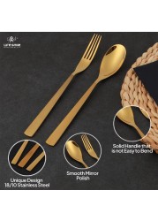Life Smile 24 Pieces Cutlery Set Service for 6 person,Pure Stainless Steel Flatware Set,Mirror Polished Cutlery Utensil Set Include Spoon/Fork/Knife/Tea Spoon(SHINE GOLD &amp; SAND BLASTING HANDLE)