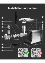 Electric Meat Grinder, Sausage Stuffer Maker, Heavy Duty Meat Mincer with Stainless Steel Cutting Blade, 3 Grinding Plates, 1 Sausage Maker &amp; Kubbe Kit for Home Kitchen Use