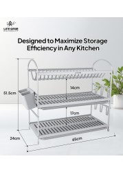 LIFE SMILE Dish Rack - 3 Tier Countertop Dish Drying Stand With Removable Drip Tray - Pure Aluminum with Cutlery Holder and Cups Holder - Anti Slip and Rust Proof Dish Drainer