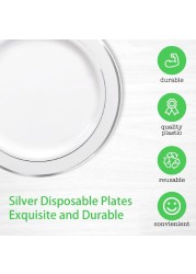 10&quot; Disposable Plastic Plates, White &amp; Gold Color, 46g Weight, Pack of 120 Plates