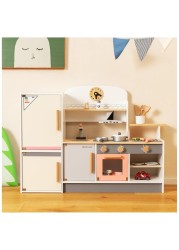 3-in-1 Wooden Kids Kitchen Playset &ndash; Natural Pretend Toy Kitchen with Refrigerator, Barbecue Grill, Range Hood, and Bowl Rack for Toddlers Little Chef Play Set