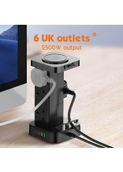 سلك تمديد طاقة البرج 3 في 1 مع شاحن لاسلكي بقوة 15 وات - 6 منافذ تيار متردد - 4 منافذ USB - سلك تمديد بطول 2 متر مع صندوق منظم للكابلات