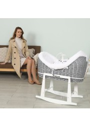 Teknum Infant Wicker Pod Moses Basket with White Waffle Beddings &amp; White Rocker Stand - Wooden Grey