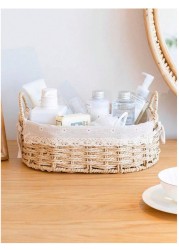 Set of 2 Eco-Friendly Oval Handwoven Storage Baskets with Handles, Durable Woven Bins with Sturdy Frame and Removable Liners for Home Organization in Living Room, Bedroom, Bathroom and Nursery-Beige