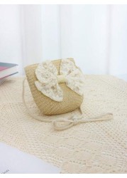 1pc Kids Cute Ribbon Bow Straw Crossbody Bag Princess Style Shoulder Bag Suitable For Daily Outings