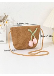 New Straw Bag For Girls Lightweight Fashionable Suitable For Beach Travel Shopping Decorated With Cute Pink Flowers Girl Crossbody Phone Bag