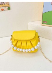 1pc Fashionable Sweet Pearl Chain Shoulder Messenger Bag Fashionable Pleated Underarm Bag Korean Version Of Hand Held Cute Girl Bag Pu Pleated Design Pearl Handbag High Grade Solid Matching Suitable F