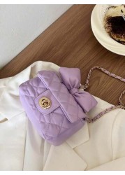 1pc Kids Bow Decor Coin Purse Embroidered Rhombus Mini Bag With Chain Fashionable Girls Crossbody Bag