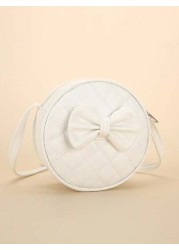 1pc Girl s White PU Shoulder Bag Fashionable Cute Bow Design Small Round Bag With Rhombus Embroidery Fits For Phone And Coins Zippered Closure Suitable For All Seasons