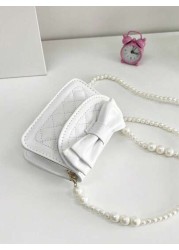 1pc Young Girl Casual Fashion Bowknot Rhombus Embroidery Thread Pearl Chain Crossbody Bag Suitable For Daily Use