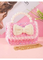1pc Kids Sparkling Sequin Bow Decor PU Beaded Material Flap Closure Metal Chain Shoulder Strap Cute Beaded Handbag For Girls Sweet Shoulder Crossbody Bag For Snacks Coins Suitable For Christmas Birthd
