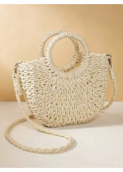 1pc Straw Bag With Faux Flower Half Moon Shaped Women Handbag Woven Crossbody Small Bag Beach Bag