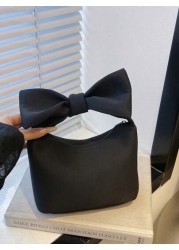 1pc New Japanese Style Big Bow Handbag Casual And Simple Zipper Design Pu Material High End Solid Color Matching Suitable For School And Travel Can Easily Accommodate Daily Necessities Versatile Items