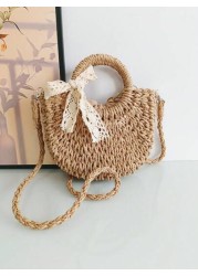 1pc Girls Beach Style Handbag Casual One Shoulder Crossbody Drawstring Top Tote Handmade Woven Butterfly Decor Straw Bag