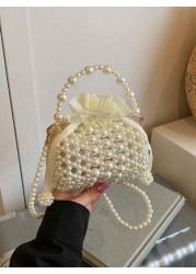 1pc Girls Pearl Drawstring Closure Cute Handbag White Beaded Crossbody Bag Suitable For Spring Summer