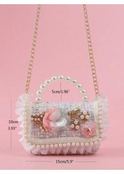 1pc Girls Ruffle Flower Leaf Metal Decor Pearl Sticker PU Wool Felt Multi Function Chain Closure Casual Beaded Handbag Children Princess One Shoulder Crossbody Bag Suitable For Holidays And Daily Use