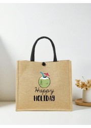 1 Pc Simple Linen Summer Element Print Tote Bag For Big Children Large Capacity Travel Bag Square Bag Gift Bag Shopping Bag Portable Button Closure Handbag For Daily Class And Back To School Shopping