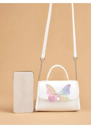 1pc Girls Cute Sparkle Butterfly Crocodile Pattern PU Chain Shoulder Bag Suitable For All Seasons Daily Use