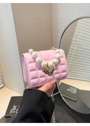 1pc Cute Sweet Messenger Bag Korean Style Fashion Coin Purse Solid Color Casual Pu Texture Small Square Bag Handbag Pearl Handle Chain Shoulder Strap Lock Buckle Fashion Chain Messenger Bag Fashion Pr