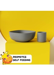 Muqee Peeko Baby Feeding Set 6 Piece Pebble Gray Includes Suction Bowl Plate Silicone Bib Spoon Fork for Toddlers Kids Dinnerware