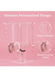 Jewelry Stand Necklace Holder Acrylic Jewelry Display Holder Necklace and Bracelet Hanging Organizer Clear 2Tier Tower Stand for Bangles Necklaces Bracelets Rings Earrings and Watch