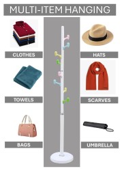 Arfan Freestanding Coat Rack &ndash; Metal Clothing Hanger with 8 Multi-Color Hooks Easy Assembly for Entryway, Bedroom &amp; Hallway Coat Stand for Hats, Bags, Clothes &amp; Umbrellas (White)