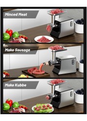 Electric Meat Grinder, Sausage Stuffer Maker, Heavy Duty Meat Mincer with Stainless Steel Cutting Blade, 3 Grinding Plates, 1 Sausage Maker &amp; Kubbe Kit for Home Kitchen Use