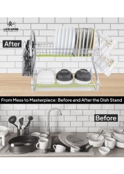 LIFE SMILE Dish Rack - 2 Tier Countertop Dish Drying Stand With Removable Drip Tray - 304 Stainless Steel with Utensil Holder and Cups Holder - Anti Slip and Rust Proof Dish Drainer
