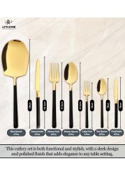 LIFE SMILE Cutlery Set, 18/10 Pure Stainless Steel Flatware Set with Stand, Rust Proof &amp; Fade Proof Dinnerware Set (SHINY GOLD HEAD &amp; SHINY BLACK HANDLE, 38 Pieces)
