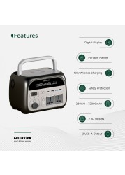 محطة طاقة محمولة جرين لايون 72000mAh، بطارية 230Wh، طاقة 500-600W، مخرجات AC، USB-A، Type-C، شحن لاسلكي، ضوء LED، أسود
