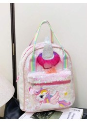 1 Pc New Sequined Material Cute Cartoon Pony Solid Color Girl Backpack Can Be Carried On One Shoulder Smooth Zipper Opening And Closing Sweet And Exquisite Elegant And Stylish Suitable For School Trav