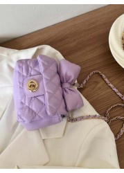 1pc Kids Bow Decor Coin Purse Embroidered Rhombus Mini Bag With Chain Fashionable Girls Crossbody Bag
