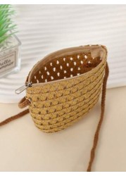 1pc Mini Lightweight Cute Woven Straw Crossbody Bag For Kids Suitable For Outdoor Beach Travel