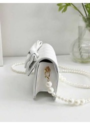 1pc Young Girl Casual Fashion Bowknot Rhombus Embroidery Thread Pearl Chain Crossbody Bag Suitable For Daily Use