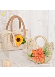 1pc Straw Bag With Faux Flower Half Moon Shaped Women Handbag Woven Crossbody Small Bag Beach Bag