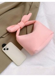 1pc New Japanese Style Big Bow Handbag Casual And Simple Zipper Design Pu Material High End Solid Color Matching Suitable For School And Travel Can Easily Accommodate Daily Necessities Versatile Items