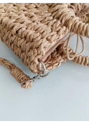 1pc Girls Beach Style Handbag Casual One Shoulder Crossbody Drawstring Top Tote Handmade Woven Butterfly Decor Straw Bag