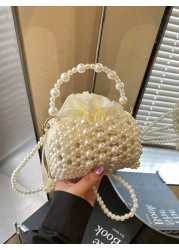 1pc Girls Pearl Drawstring Closure Cute Handbag White Beaded Crossbody Bag Suitable For Spring Summer