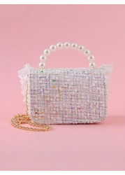 1pc Girls Ruffle Flower Leaf Metal Decor Pearl Sticker PU Wool Felt Multi Function Chain Closure Casual Beaded Handbag Children Princess One Shoulder Crossbody Bag Suitable For Holidays And Daily Use